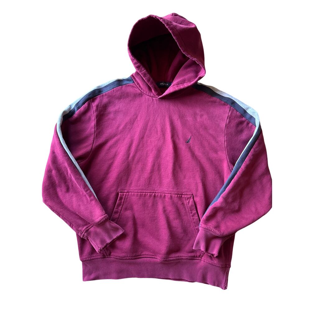 Nautica Maroon Medium Hoodie with Navy Blue Heather Gray Striped Sleeves